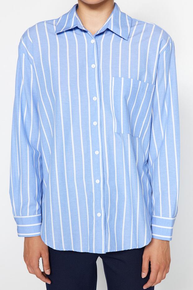 Mavi Çizgili Cepli Oversize/Geniş Kalıp Dokuma Gömlek TWOAW24GO00033 - 4