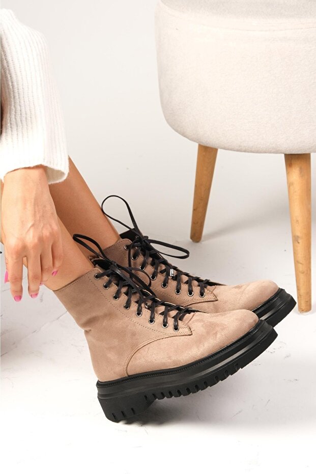 Alex Beige Suede Laced and Zippered Thick Sole Women's Boots