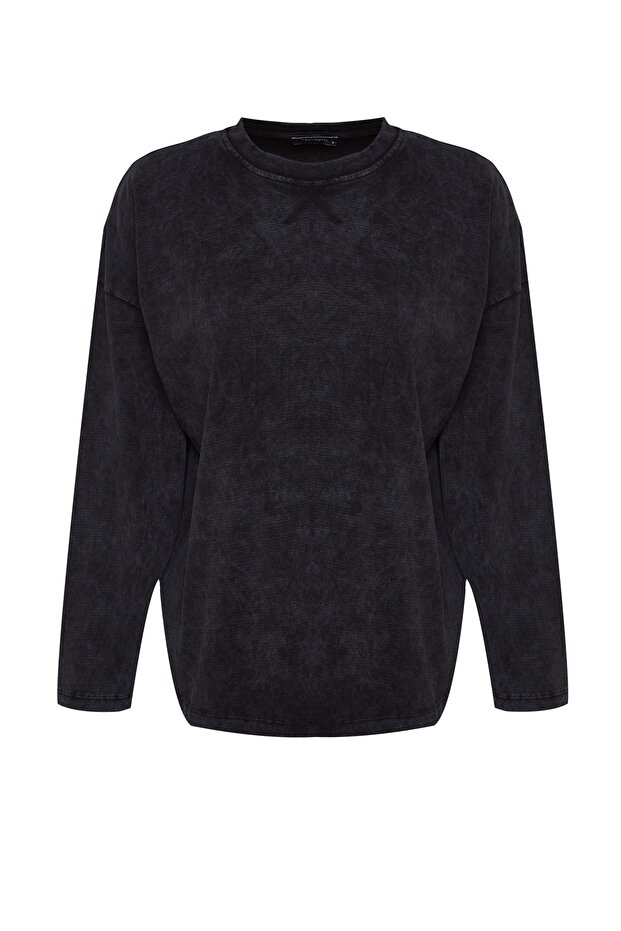 Antrasit Kalın Pamuklu Eskitme Efektli Relaxed Kalıp Bisiklet Yaka Örme T-Shirt TWOAW24TS00006 - 7