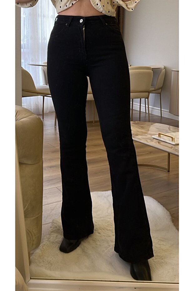 Black High Waist Flared Leg Trousers Lycra Casual Jeans