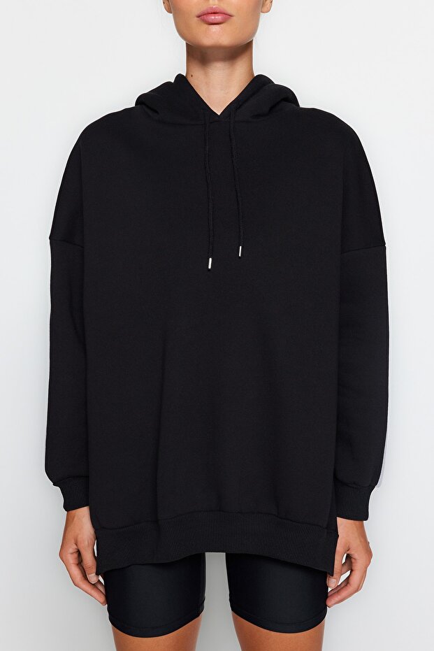 Gri Melanj Pamuklu Renk Bloklu Geniş Kalıp İçi Polarlı Örme Spor Sweatshirt TWOSS22SW0074 - 4