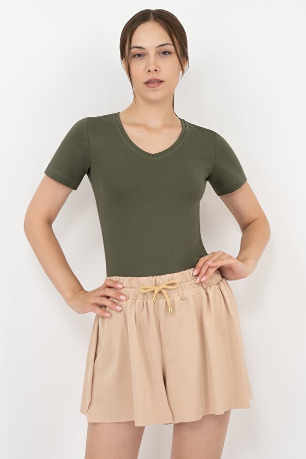 Women's Khaki Cotton V-Neck Short Sleeve Blouse