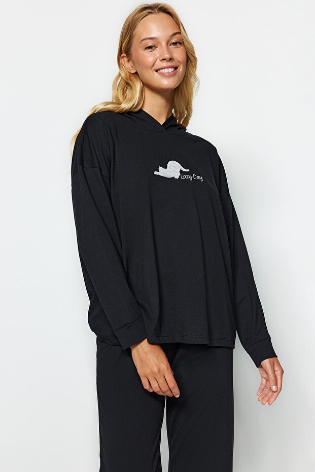 Siyah Kedi Baskılı Sweatshirt-Pantolon Örme Pijama Takımı THMAW24PT00044 - 3