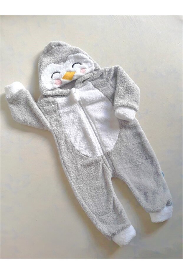 Unisex Baby Penguin Grey Plush Jumpsuit