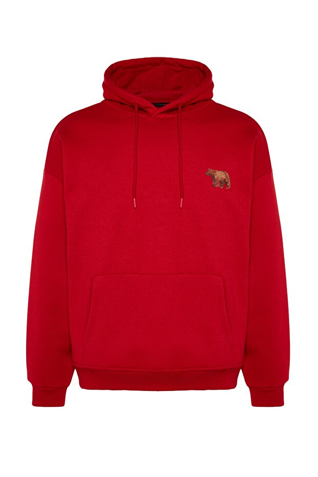Kırmızı Oversize/Geniş Kesim Hayvan Nakışlı İçi Polar/Sıcak Tutan Pamuk Sweatshirt TMNAW24SW00097 - 6