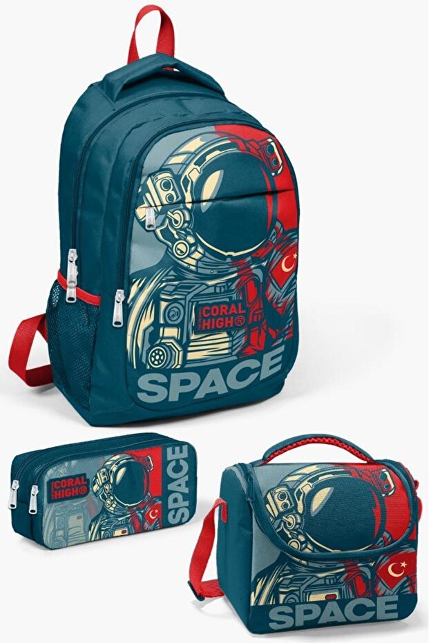 Kids Indigo Red Astronaut Patterned 3-Piece School Bag Set SET0114389