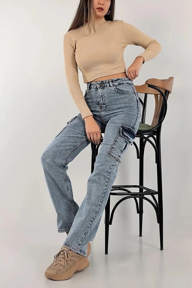 Medium Snow Washing Cargo Loose Back Pocketless Lycra Super High Waist Jean Trousers