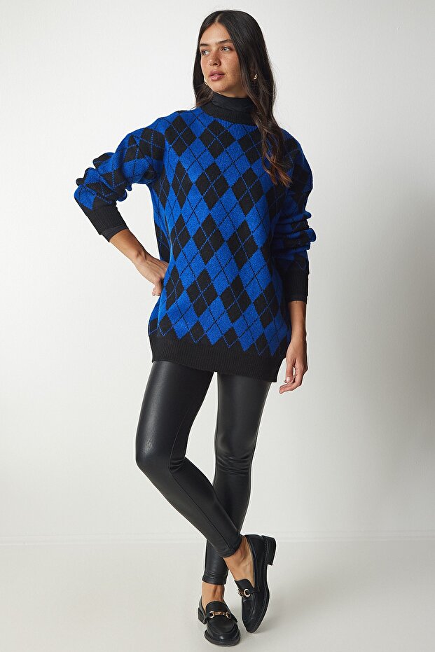 Women's Blue Diamond Patterned Oversize Knitwear Sweater YY00162