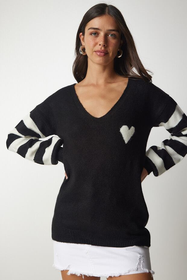 Woman's Black and White Block Colorful V-Neck Knitwear Sweater KI00092