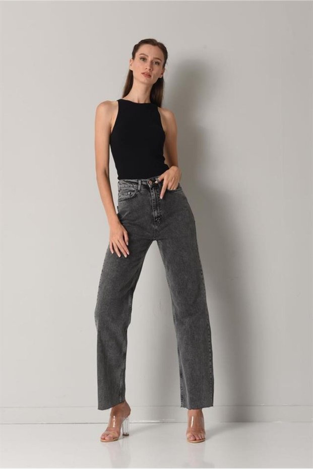Caran Women's Smoked Lycra Wide Leg Jeans Loose Wide Leg Anthracite Jeans