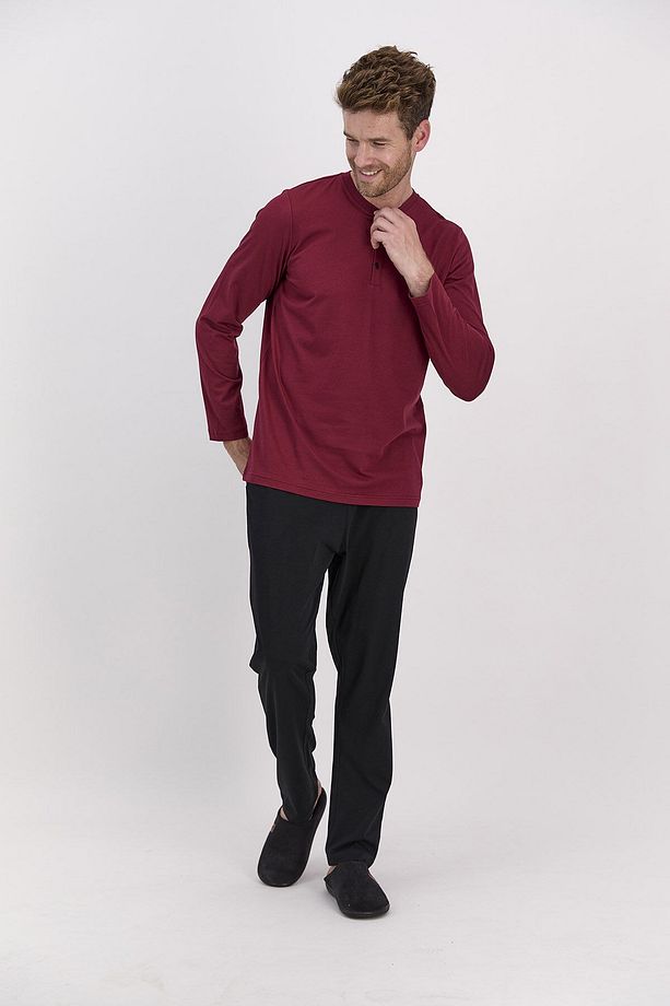 Basic Koyu Kırmızı Erkek Uzun Kol Pijama Takımı - 1