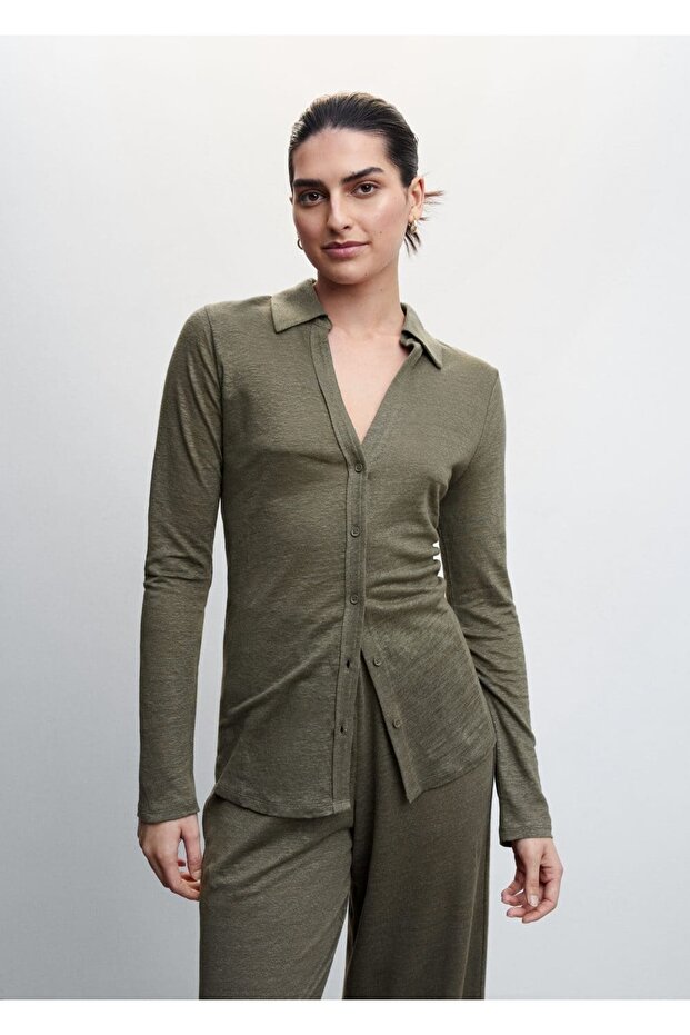 V Yaka Keten Gömlek - 1