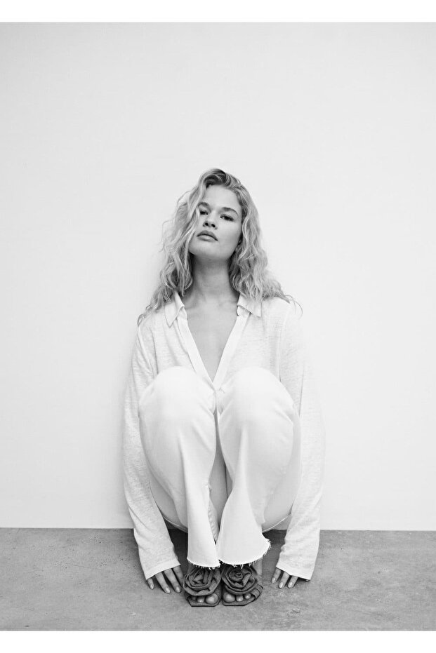 V Yaka Keten Gömlek - 5