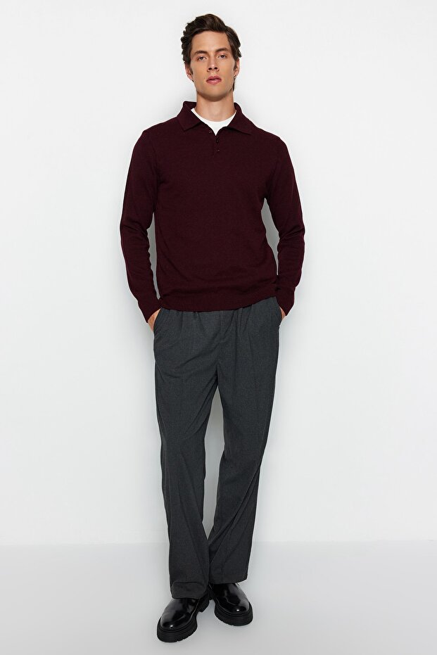 Bordo Slim Fit Yünlü Polo Yaka Düğmeli Smart Triko Kazak TMNAW23KZ00238 - 2