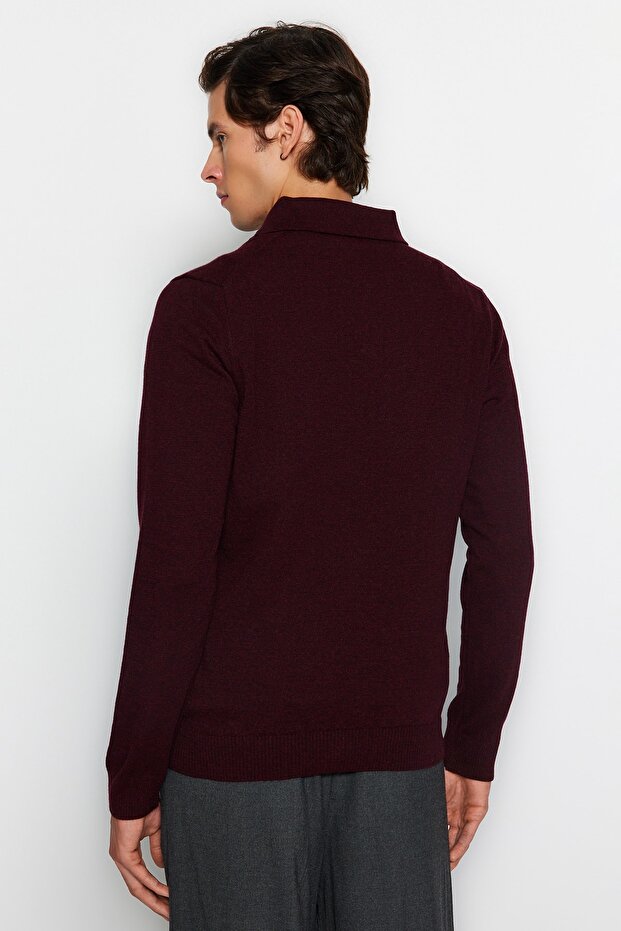 Bordo Slim Fit Yünlü Polo Yaka Düğmeli Smart Triko Kazak TMNAW23KZ00238 - 6