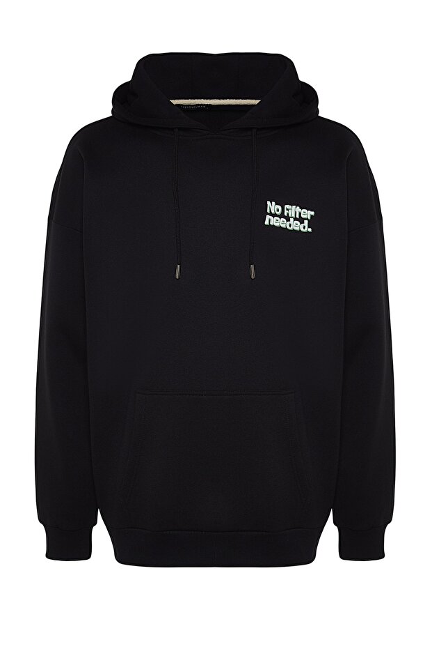 Siyah Oversize/Geniş Kesim Kapüşonlu Uzay Baskılı İçi Polar/Sıcak Tutan Sweatshirt TMNAW24SW00095 - 8