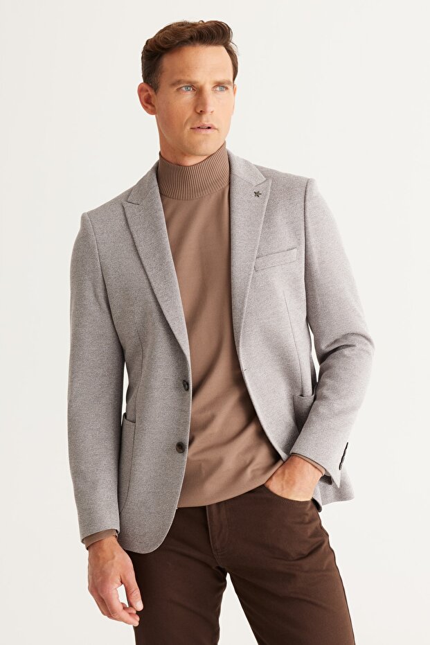 Men's Gray Slim Fit Slim Fit Swallow Collar Patterned Jacket
