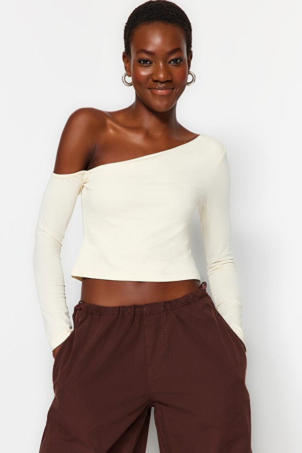 Taş Tek Omuz Pamuklu Esnek Fitted/Vücuda Oturan Crop Örme Bluz TWOAW24BZ00099 - 3