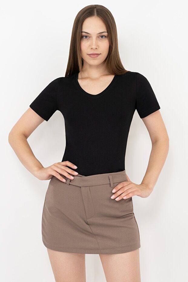 Women's Black Cotton V-Neck Short Sleeve Blouse