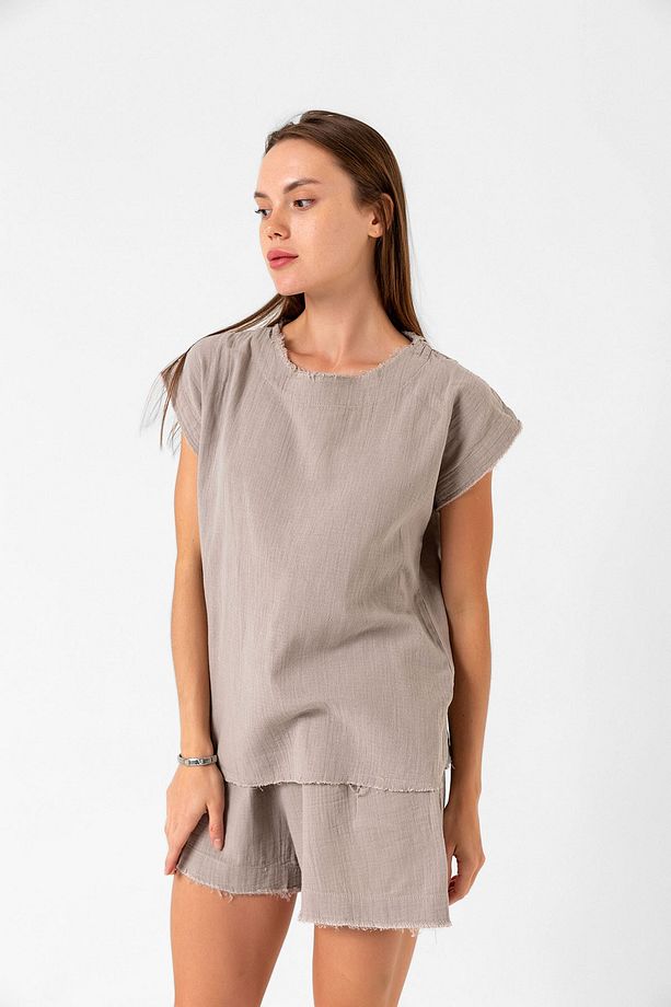 Relaxed Fit Tişört Şort Keten Takım - 1