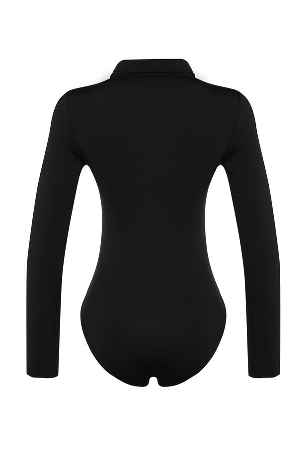 Siyah Fermuar Yaka Detaylı Çıtçıtlı Esnek Örme Body TWOAW24BD00005 - 8