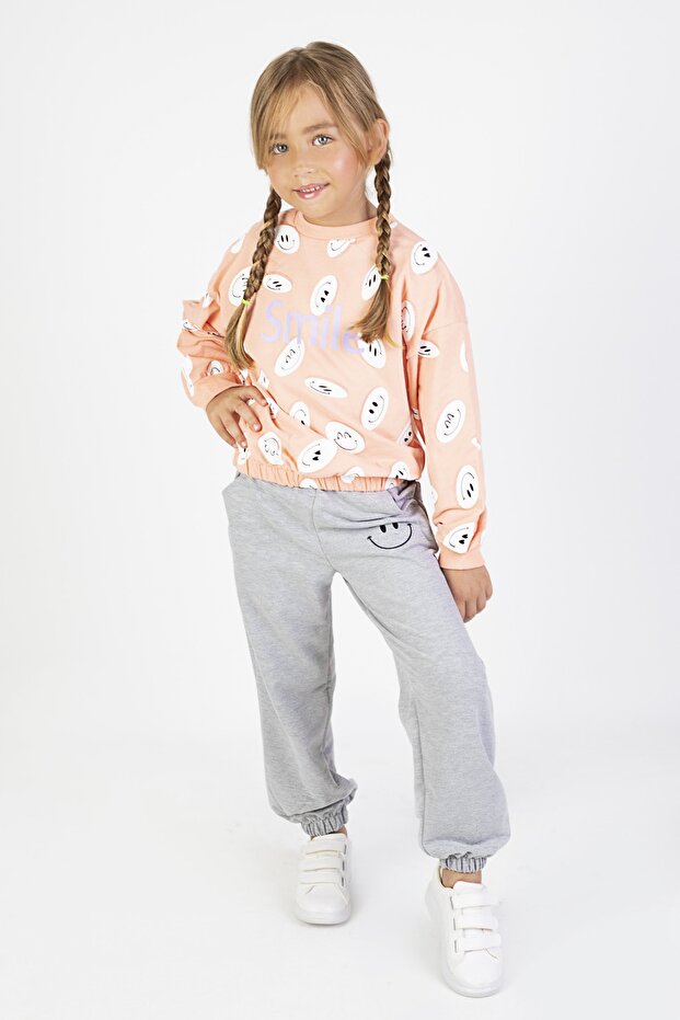 Girl's Two Thread Fabric Medium Thickness Printed Knitted Basic Tracksuit Set