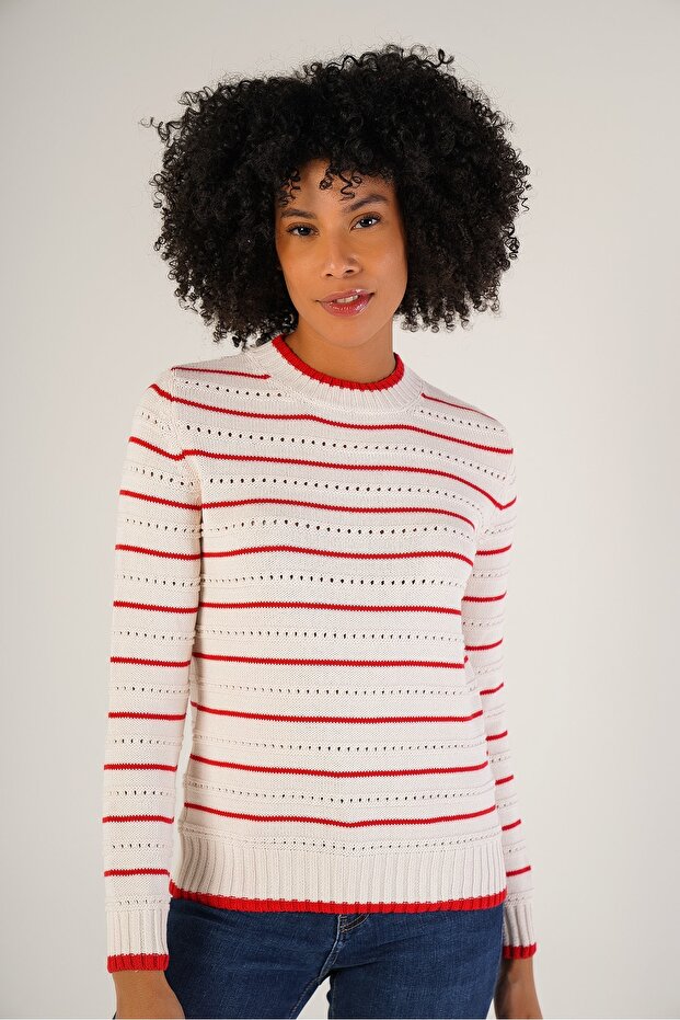 Ecru Women's Linxli Openwork Striped Crew Neck 100% Cotton Sweater
