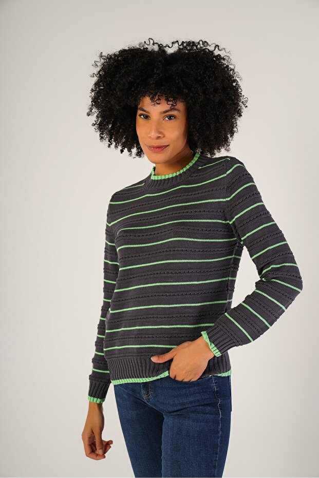 Smoked Women's Linxli Openwork Striped Crew Neck 100% Cotton Sweater