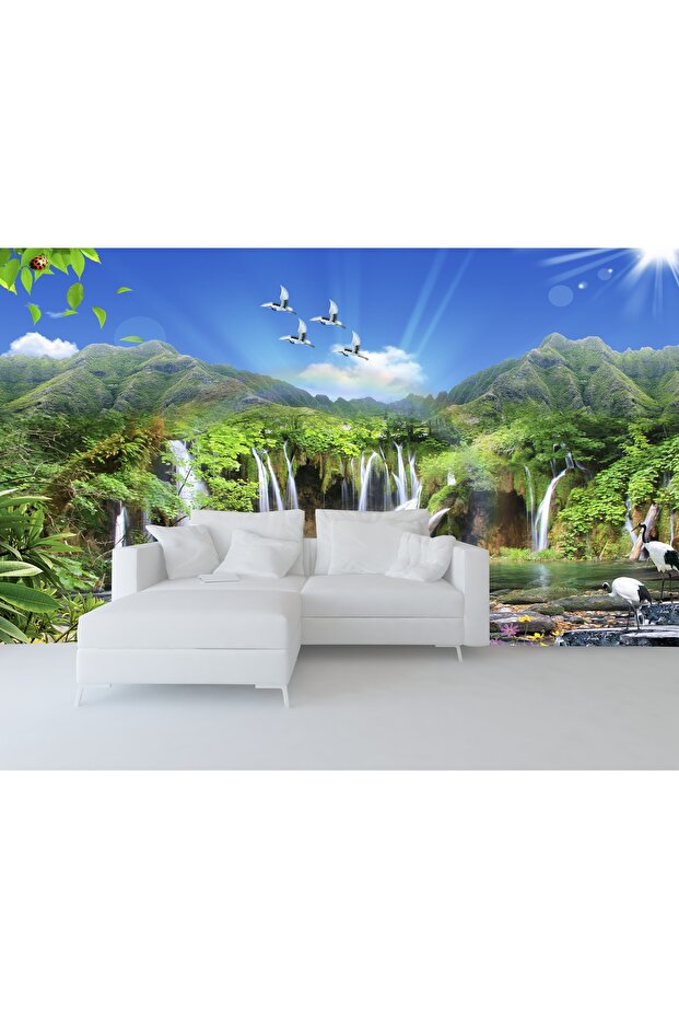 Dağ,Şelale Manzaralı Duvar Kağıdı Tek Parça - 2