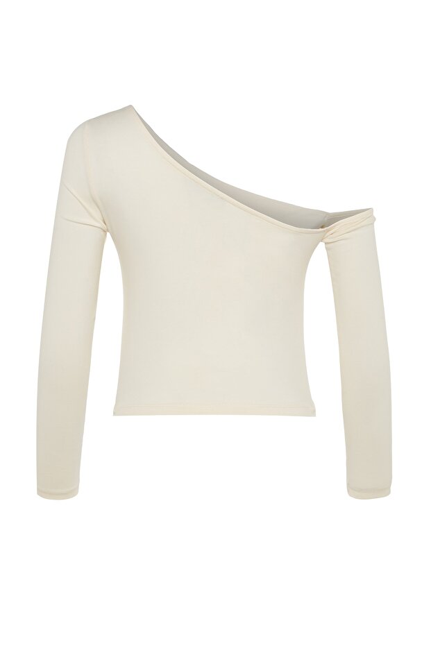 Taş Tek Omuz Pamuklu Esnek Fitted/Vücuda Oturan Crop Örme Bluz TWOAW24BZ00099 - 10
