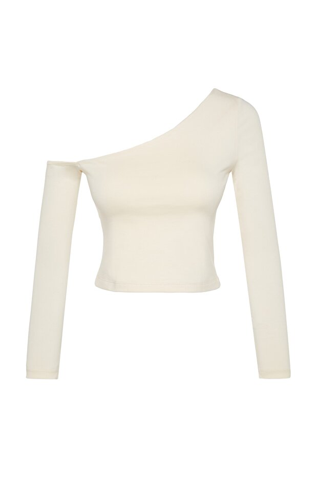Taş Tek Omuz Pamuklu Esnek Fitted/Vücuda Oturan Crop Örme Bluz TWOAW24BZ00099 - 8