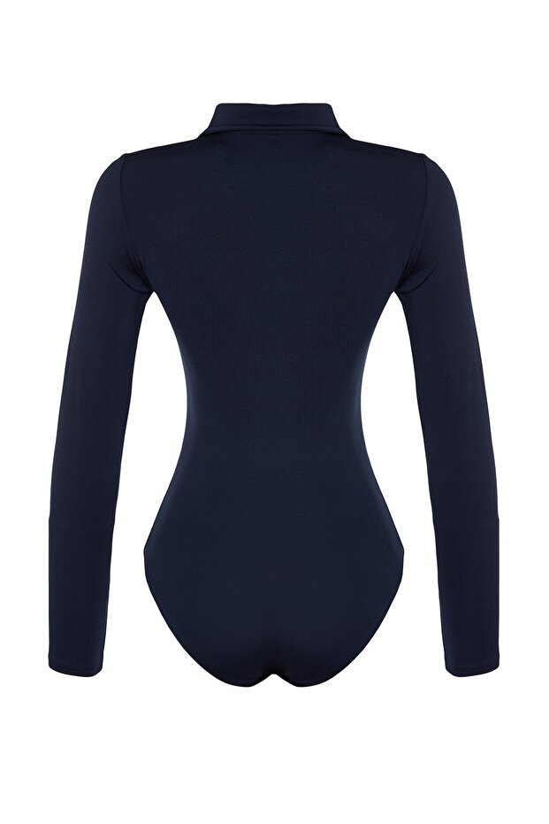Lacivert Fermuar Yaka Detaylı Çıtçıtlı Esnek Örme Body TWOAW24BD00005 - 8