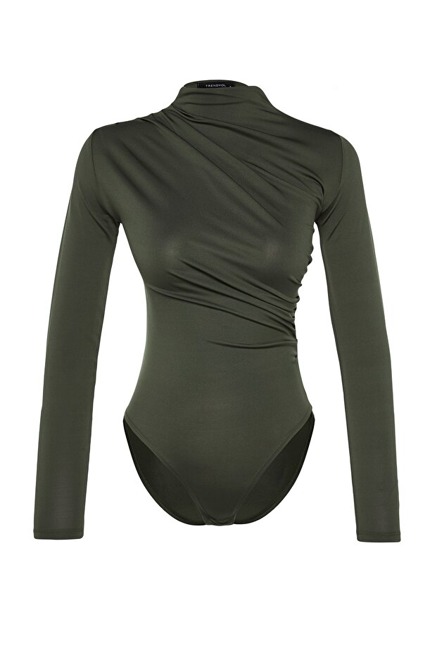 Khaki Gather Detailed Stand Collar Stretch Knitted Body with Snap Fasteners TWOAW24BD00014 - 8