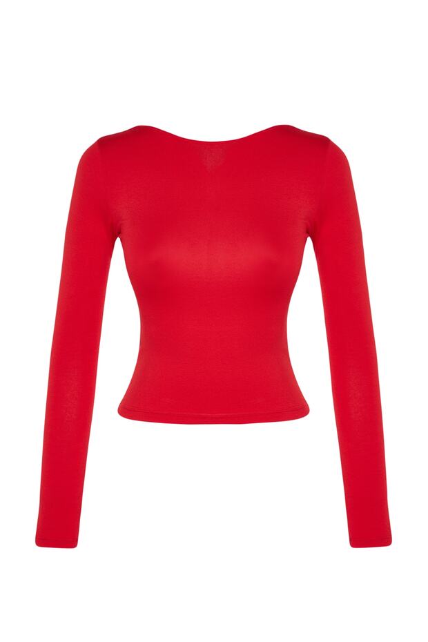 Kırmızı Pamuklu Esnek Sırt Dekolteli Fitted/Vücuda Oturan Esnek Bluz TWOAW24BZ00160 - 7