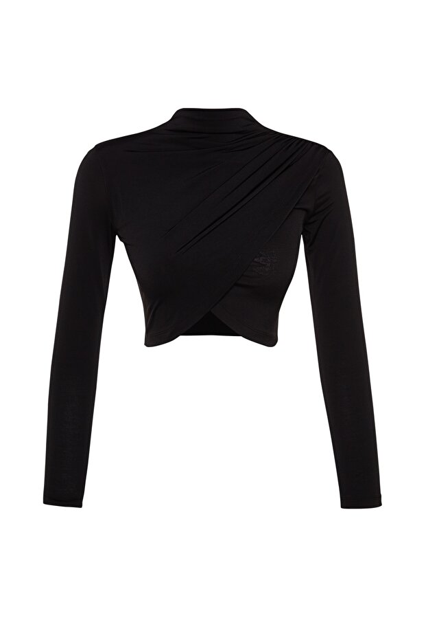 Bluză crop drapată neagră cu guler înalt TWOAW24BZ00164 - 7