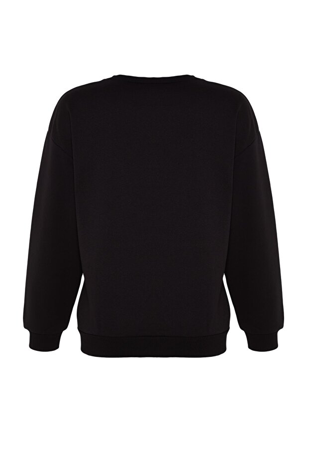 Siyah Kalın İçi Polarlı Slogan Nakışlı Relaxed/Rahat Kalıp Örme Sweatshirt TWOAW22SW1464 - 8