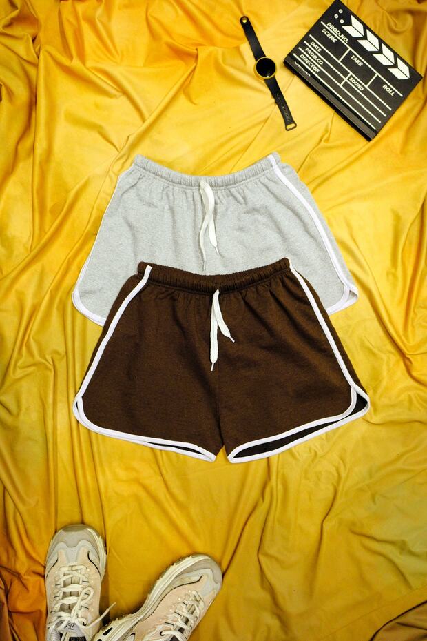 2 Pack Gray Brown Colored White Piping Combed Cotton Slit Drawstring Mini Shorts