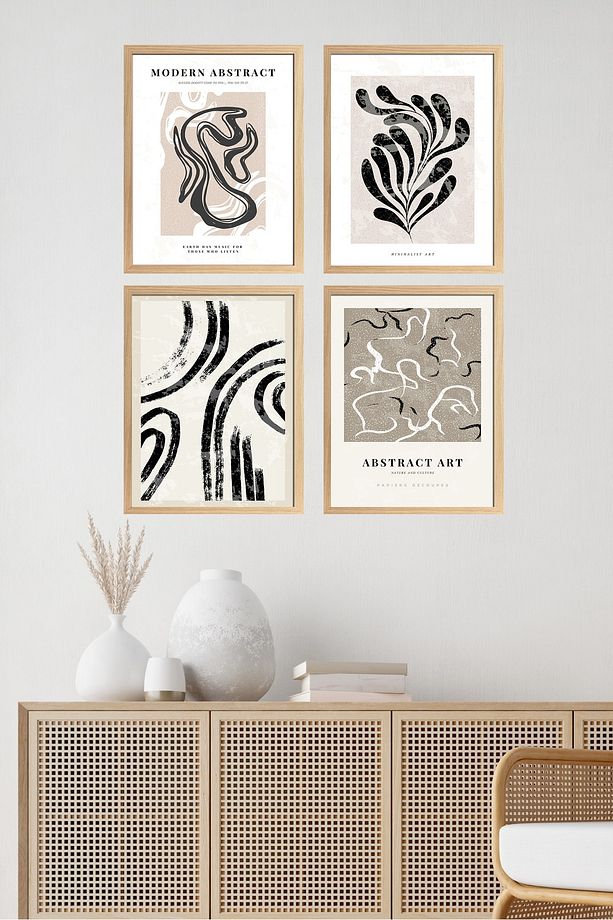 Ahşap Çerçeveli Modern Abstract 4'lü Tablo Seti D-025 - 1