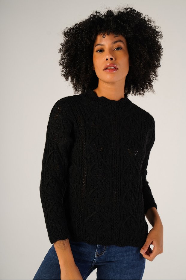 Black Women's Hair Braided Crew Neck Wool Sweater