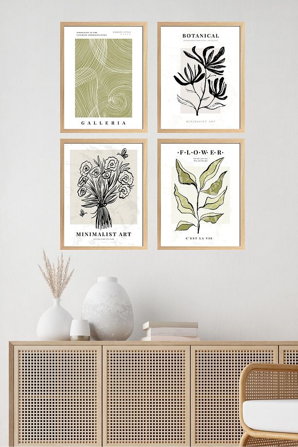 Ahşap Çerçeveli Minimalist Art 4'lü Tablo Seti D-027 - 1