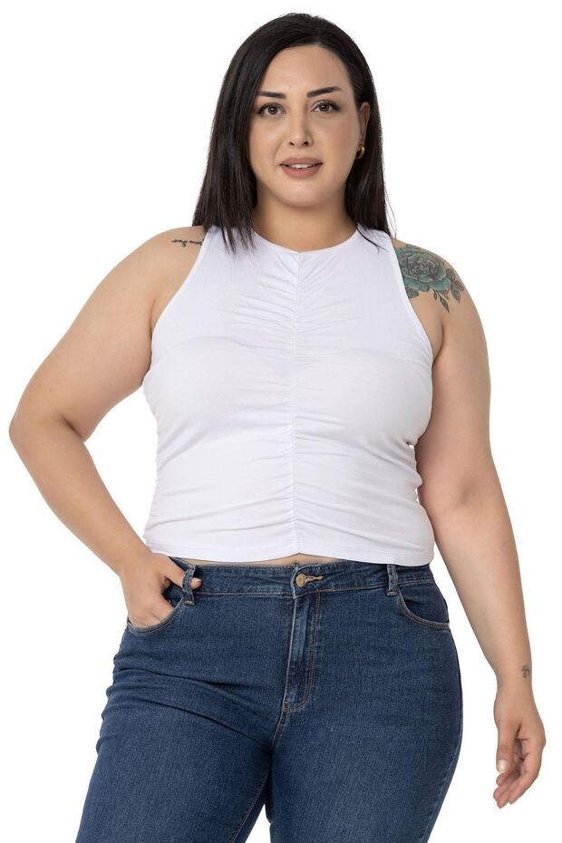 Plus Size Halter Neck White Body with Draped Front and Sides