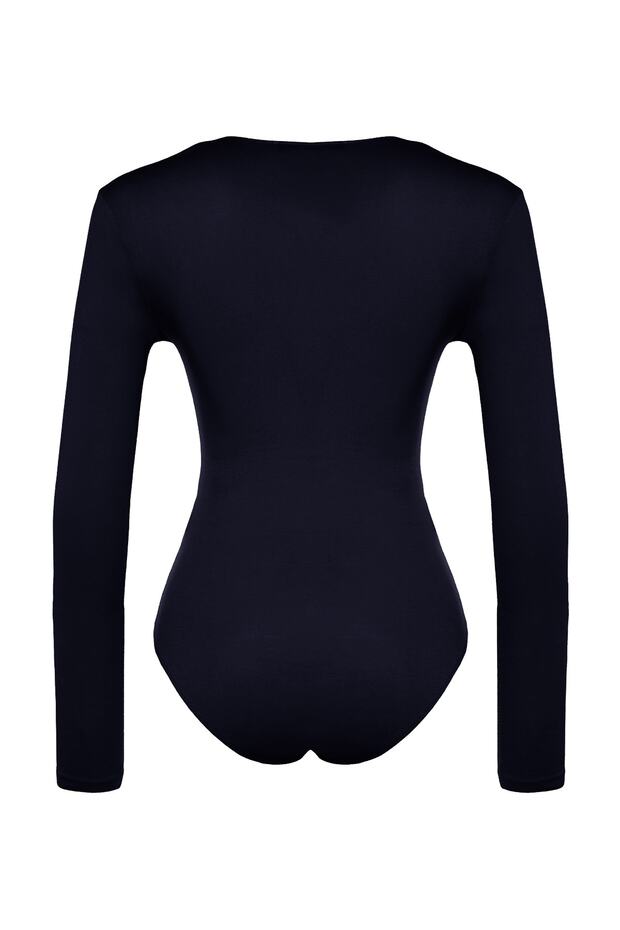 Granatowy body z głębokim dekoltem w serek i zatrzaskami TPRAW22BD0084 - 8