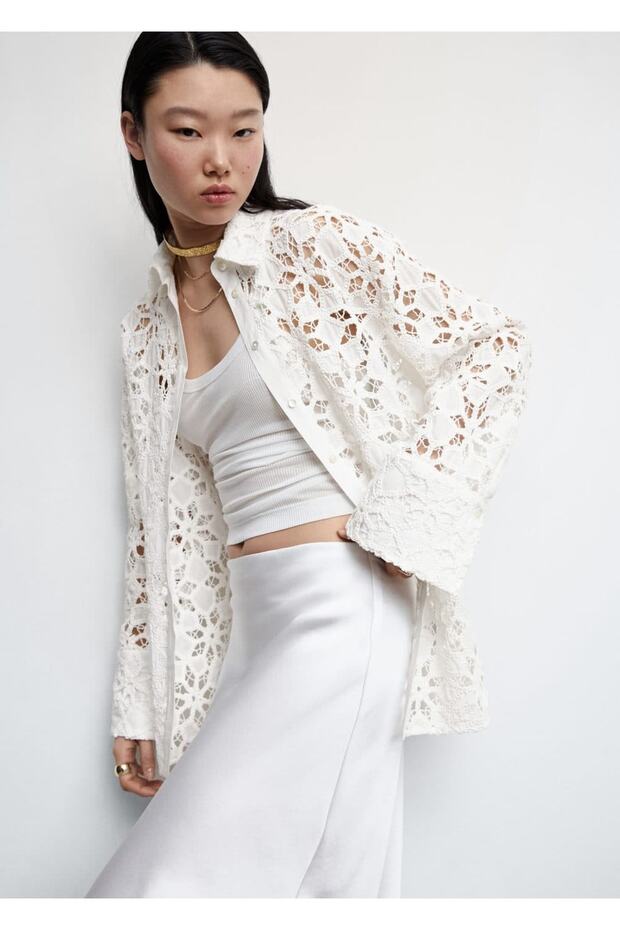 Şerit detaylı güpür gömlek - 5