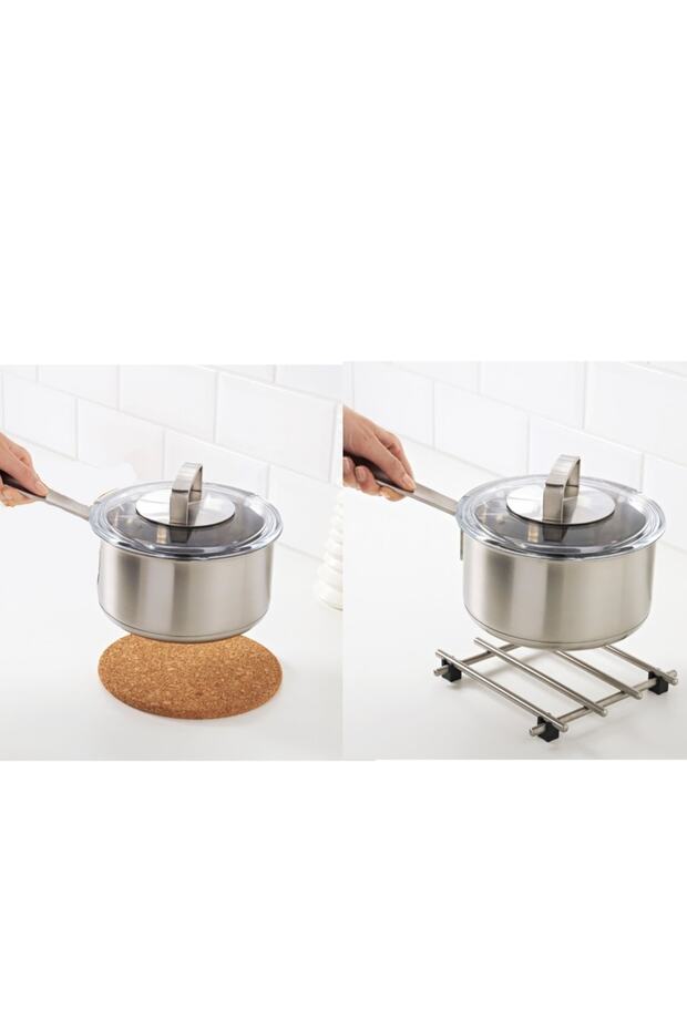 Trivet Set 1 Piece Cork Trivet Diameter: 19 cm 1 Piece Stainless Steel Trivet Diameter: 18 cm