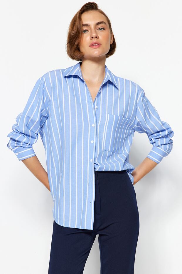 Mavi Çizgili Cepli Oversize/Geniş Kalıp Dokuma Gömlek TWOAW24GO00033 - 1