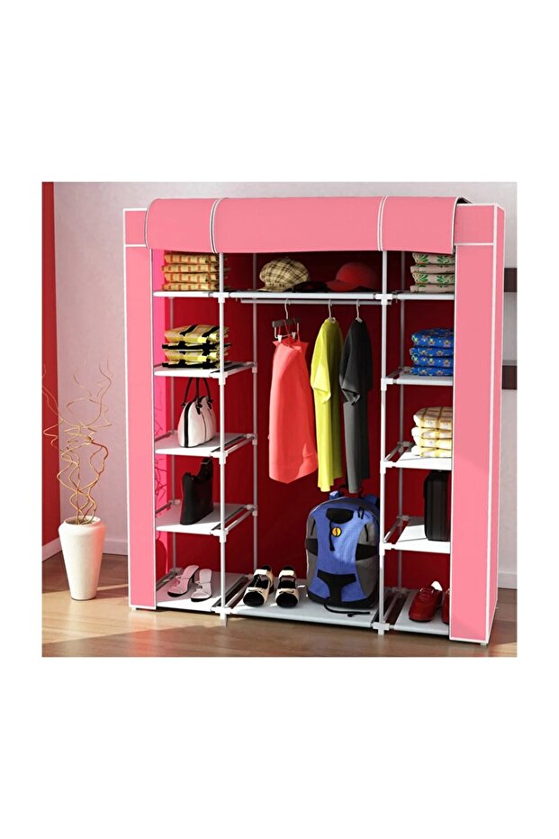 Çift Yandan Raflı Bez Dolap Kumaş Gardırop - 1