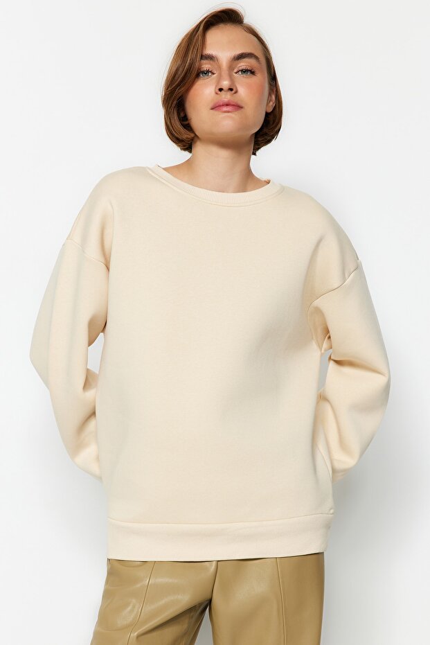 Taş Oversize/Rahat Kesim Basic Bisiklet Yaka Kalın/İçi polarlı Örme Sweatshirt TWOAW24SW00102 - 3