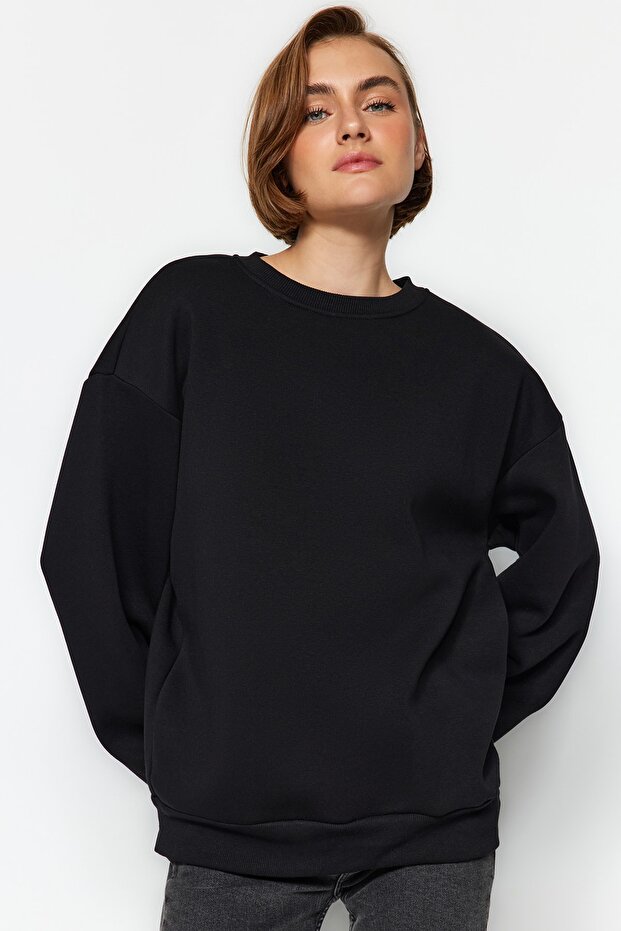 Siyah Oversize/Bol Kesim Bisiklet Yaka Kalın/İçi polarlı Örme Sweatshirt TWOAW24SW00102 - 2