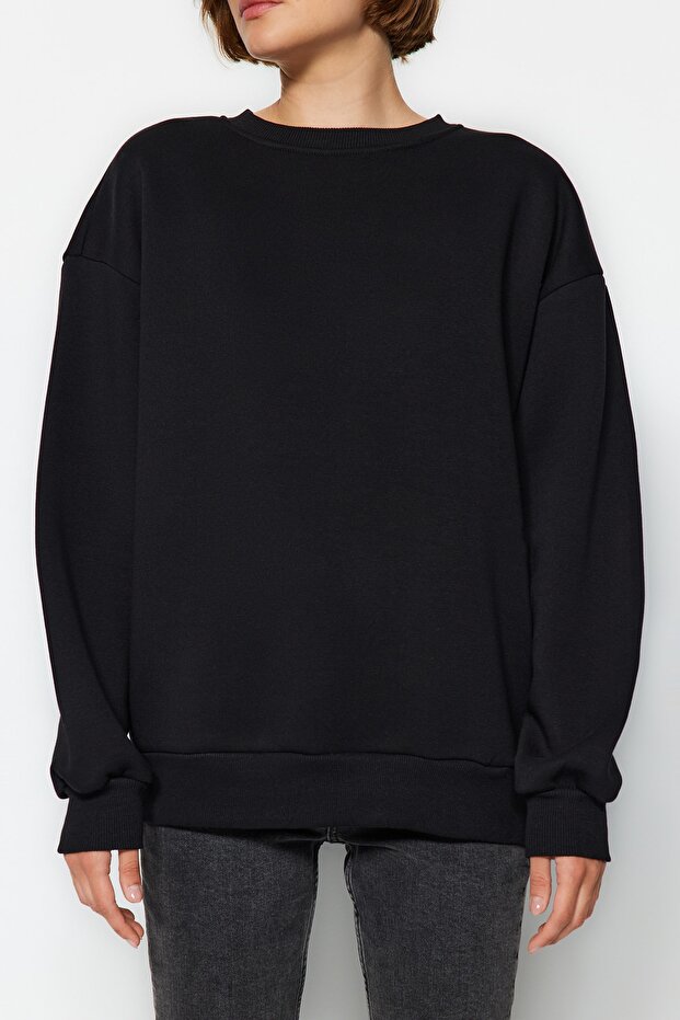 Siyah Oversize/Bol Kesim Bisiklet Yaka Kalın/İçi polarlı Örme Sweatshirt TWOAW24SW00102 - 3