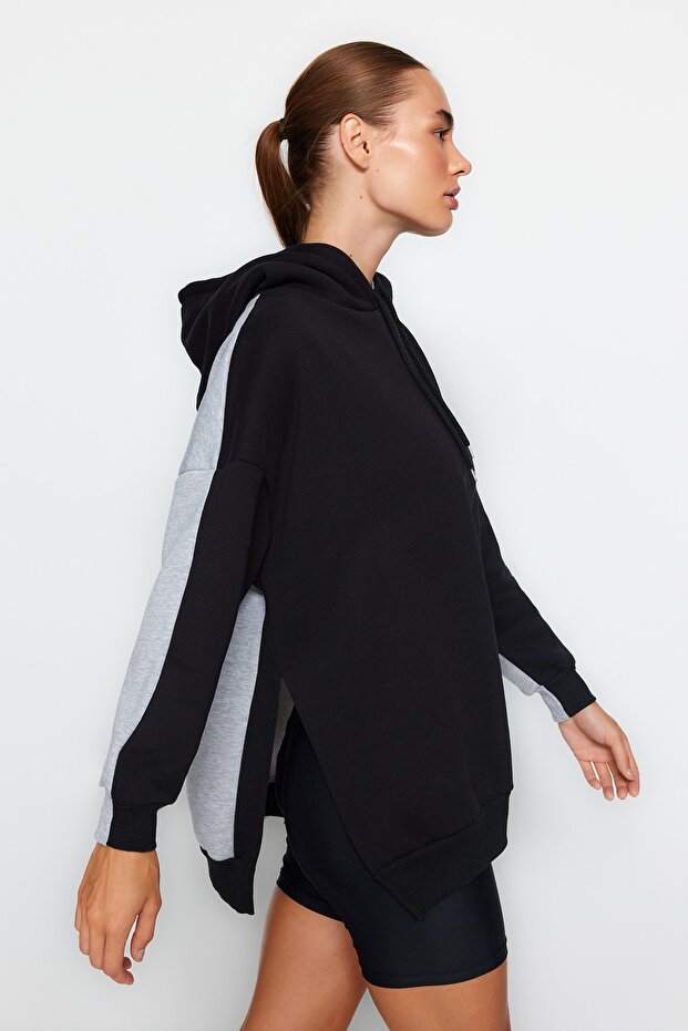 Gri Melanj Pamuklu Renk Bloklu Geniş Kalıp İçi Polarlı Örme Spor Sweatshirt TWOSS22SW0074 - 3